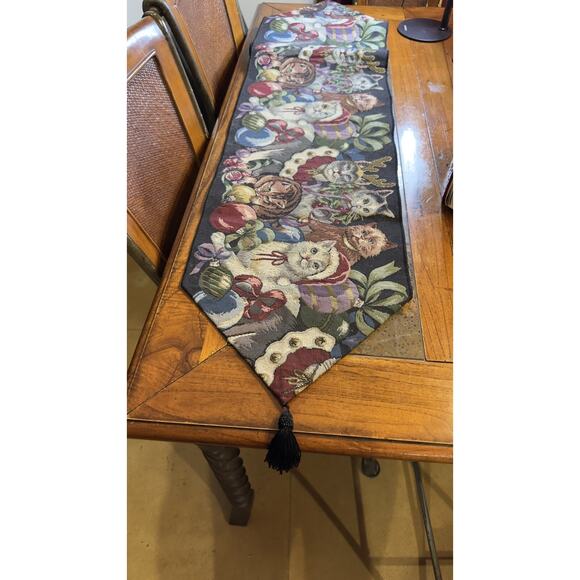 Christmas Cats Table Runner Whimsical Kitty Curious Cat 68” x 13" Tapestry Black - Picture 4 of 6